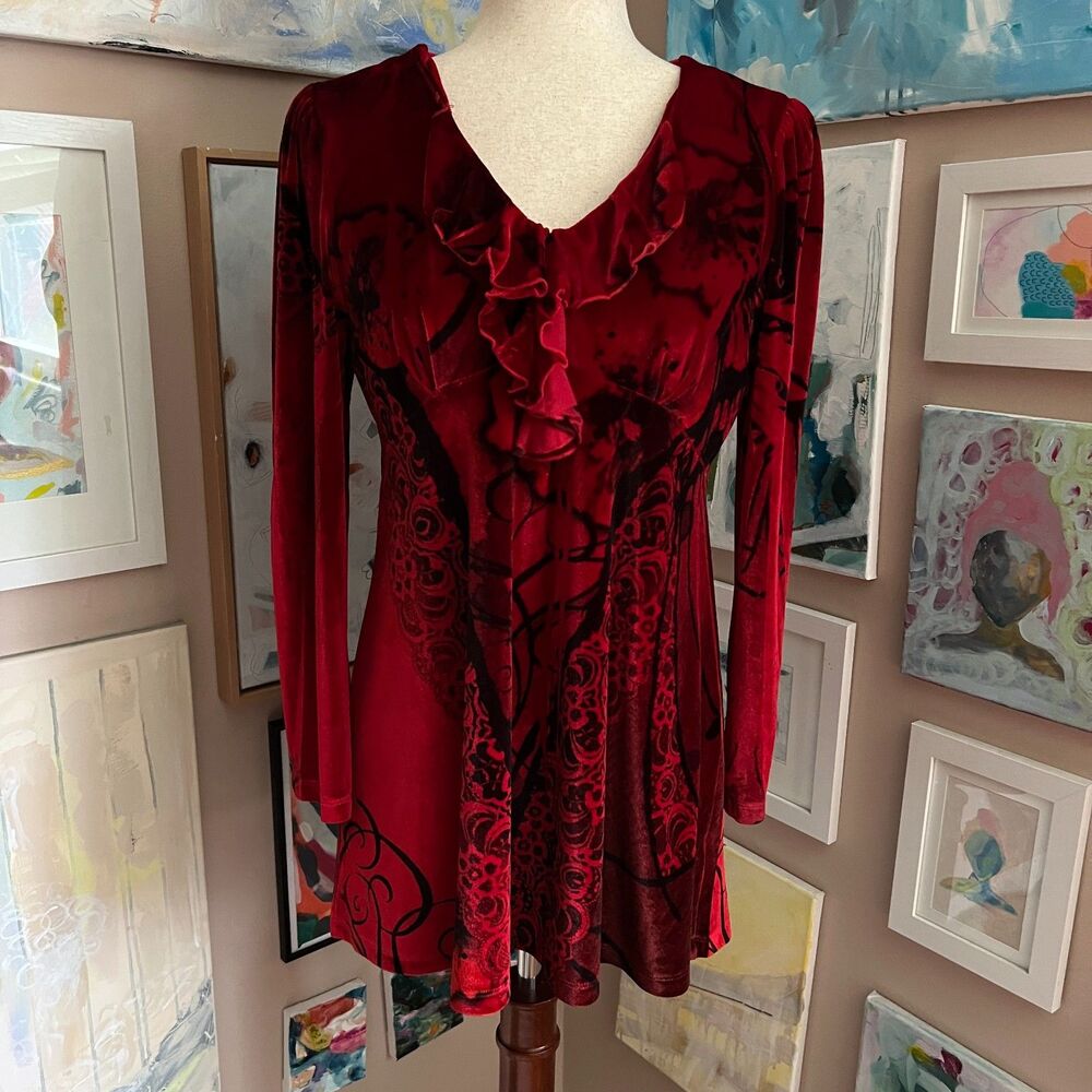 Whimsygoth The Pyramid Collection Red Velvet Ruffle Tunic Top Dark Romantic Sz S